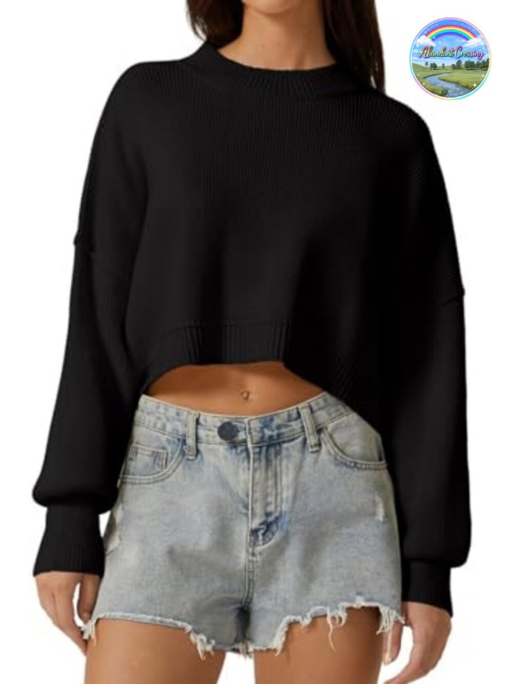 Women's Cropped Ribbed Knit Sweater Long Sleeve Mock Neck Oversized Pullover
